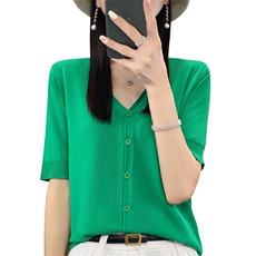 春夏新款V领亮丝针织开衫女天丝纯色长袖毛衣冰丝空调防晒衫上衣，女装针织衫/毛衣，萱芳婷羊绒