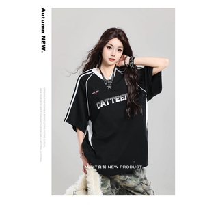 网图现货 美式运动条纹短袖T恤男女夏季宽松情侣RT207-P45图片