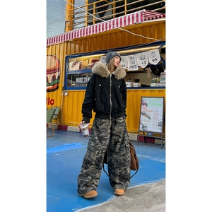 现货重磅boxy短款棉衣座山雕大毛毛领男女棉服水洗工装厚外套图片