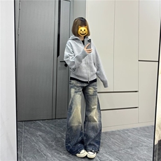美式高街vibe复古蓝水洗做旧牛仔裤男潮直筒微喇长裤LT90600-P57，男装牛仔裤，星座1008