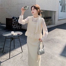 -2026年春季新款法式千金感蕾丝裙摆马甲半身裙三件套，女装套装/套裙，1D102-1