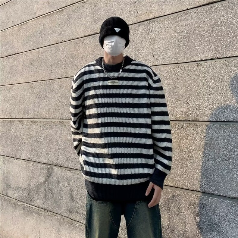 日系复古条纹毛衣男春秋冬宽松慵懒风内搭打底针织衫线衣外套潮牌,男装针织衫/毛衣,四季星座218-1