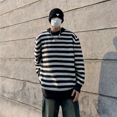 日系复古条纹毛衣男春秋冬宽松慵懒风内搭打底针织衫线衣外套潮牌，男装针织衫/毛衣，四季星座218-1