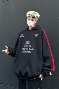 徽章织带三条杠印花连帽卫衣秋冬美式复古潮牌运动情侣帽衫外套图片