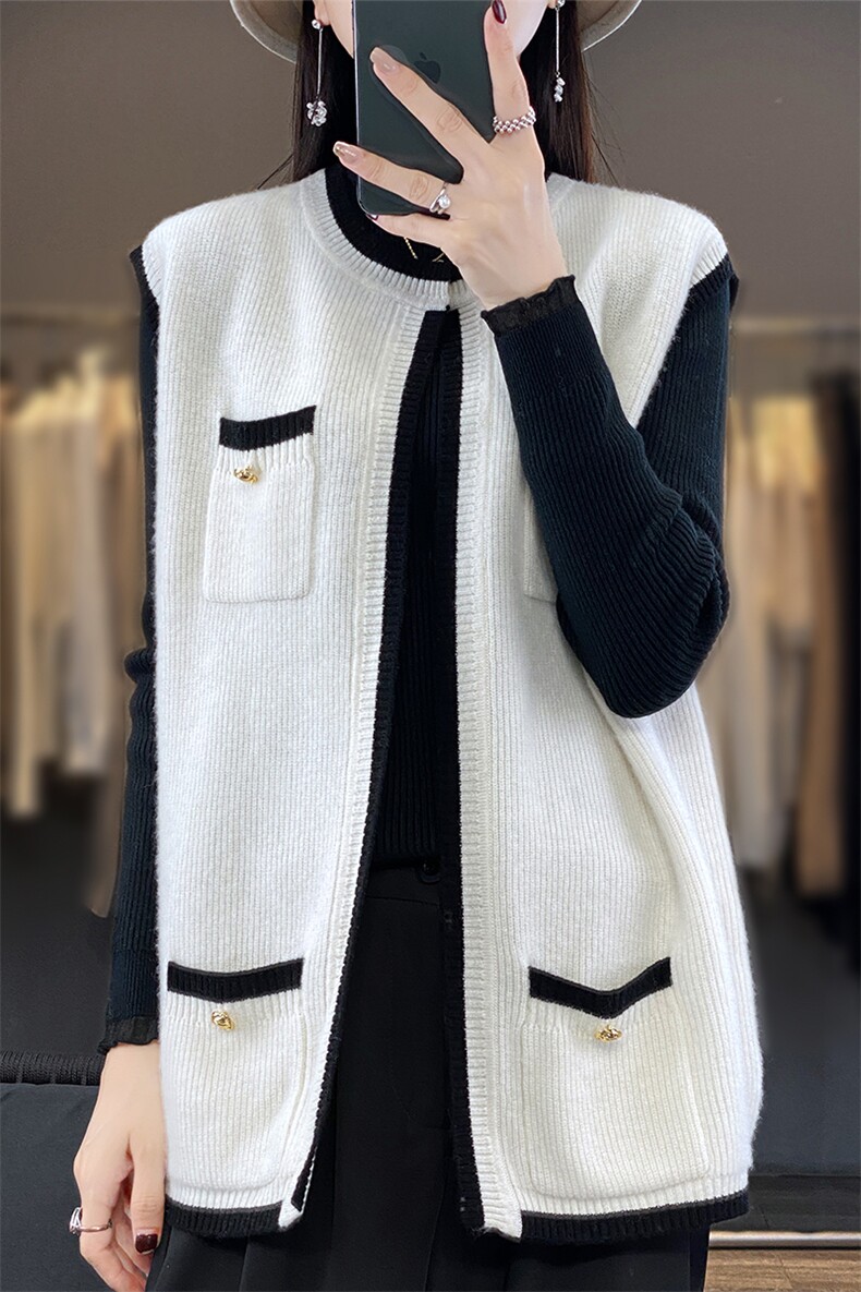 百搭小香风V领毛衣开衫马甲女春秋新款宽松显瘦无袖针织背心外套,女装马甲,宋氏羊绒