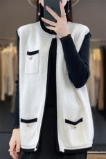 百搭小香风V领毛衣开衫马甲女春秋新款宽松显瘦无袖针织背心外套，女装马甲，宋氏羊绒
