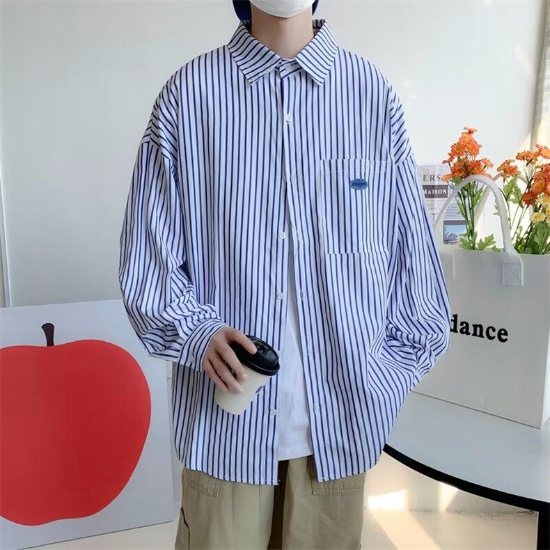 条纹长袖衬衫男秋季高级感痞帅ins潮外套港风日系雅痞男友风衬衣,男装衬衫,星座218-1（原230）