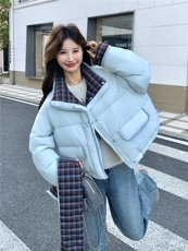 冰川蓝挂脖围巾加厚格纹拼接羽绒服2C267-999-P285-K398，女装羽绒服，2C267