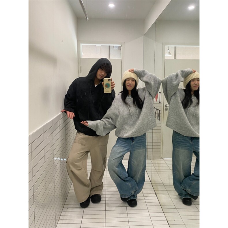 美式连帽针织衫外套男秋季潮牌花灰色情侣毛衣高街慵懒风百搭上衣,男装针织衫/毛衣,星座516A