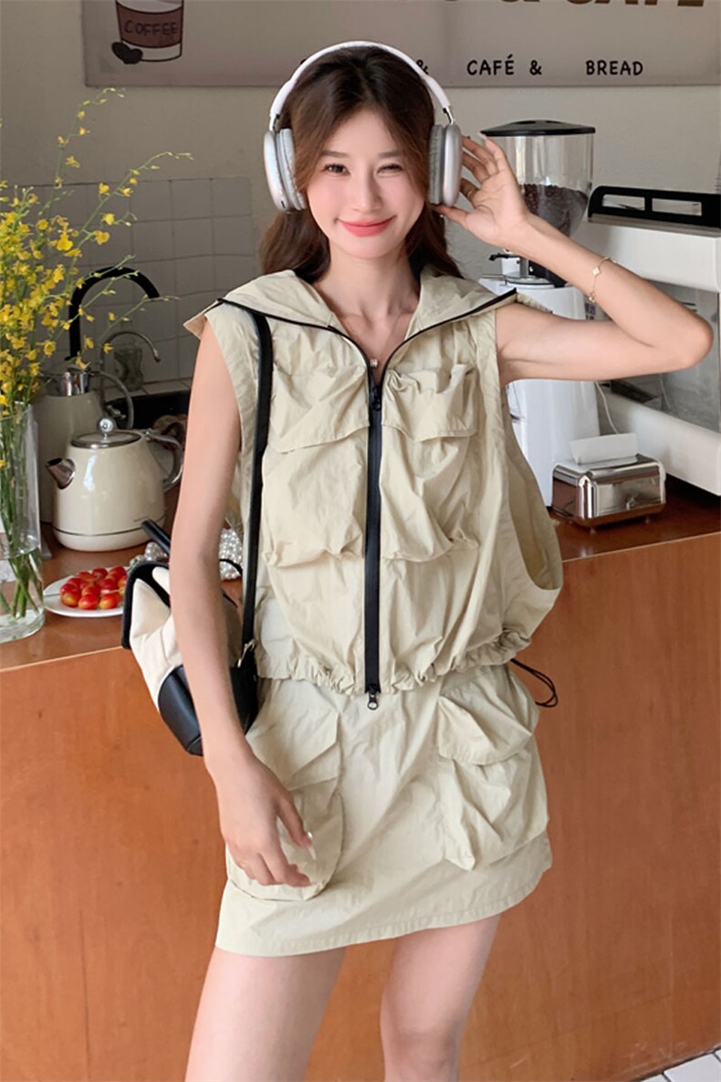两件套无袖连帽大口袋配裙裤两件套装大货已出8825p105k155,女装套装/套裙,2D143