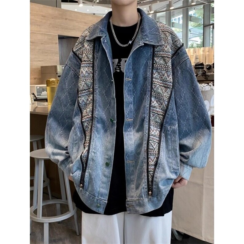 翻领牛仔布运动美式复古潮牌拼接设计感牛仔情侣外套,男装夹克,星座506A