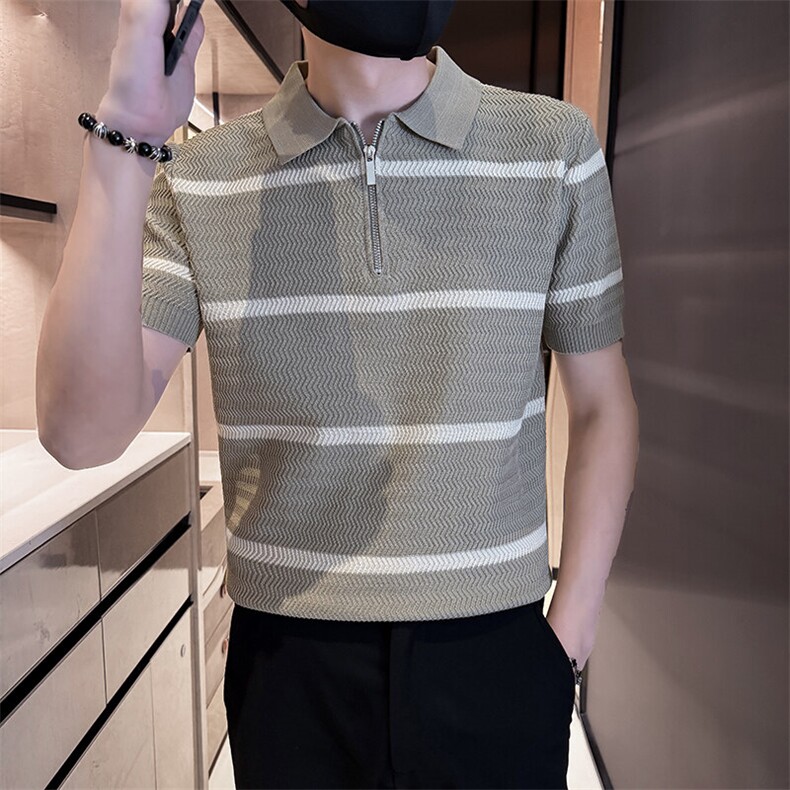 2025夏季短袖针织冰丝条纹短袖翻领Polo衫F6182-P55,男装T恤,电商D342