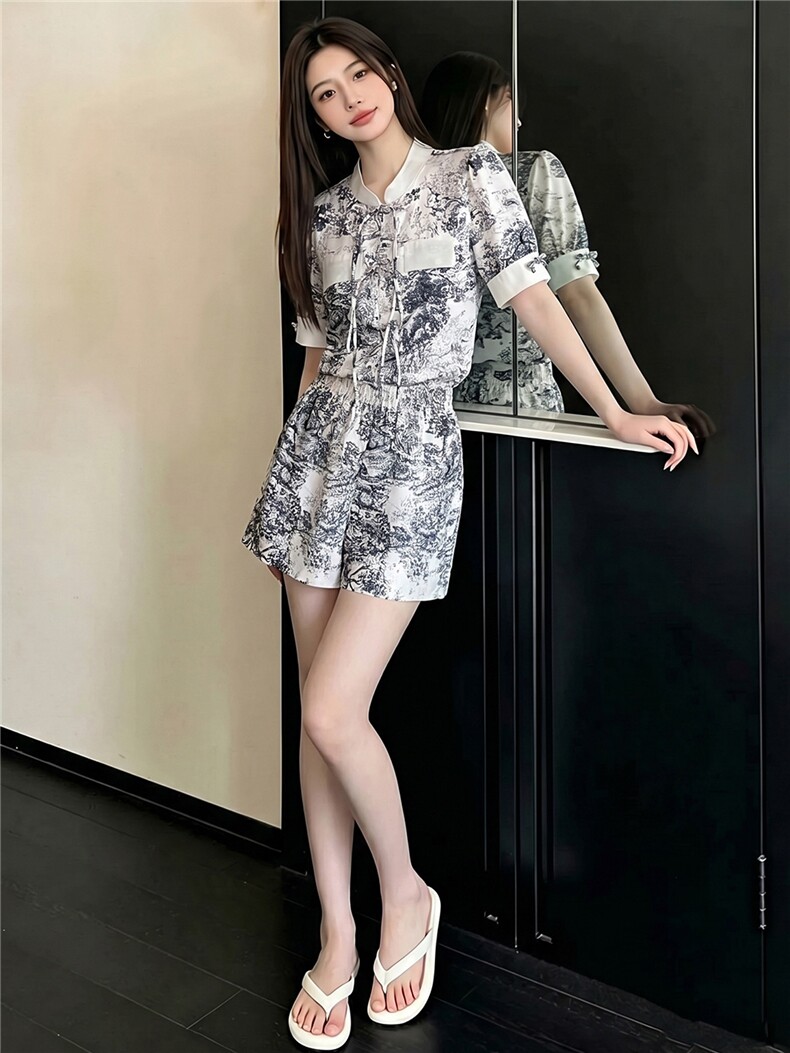 新中式盘扣立领短袖套装女夏季新款休闲运动阔腿短裤两件套潮,女装套装/套裙,江南