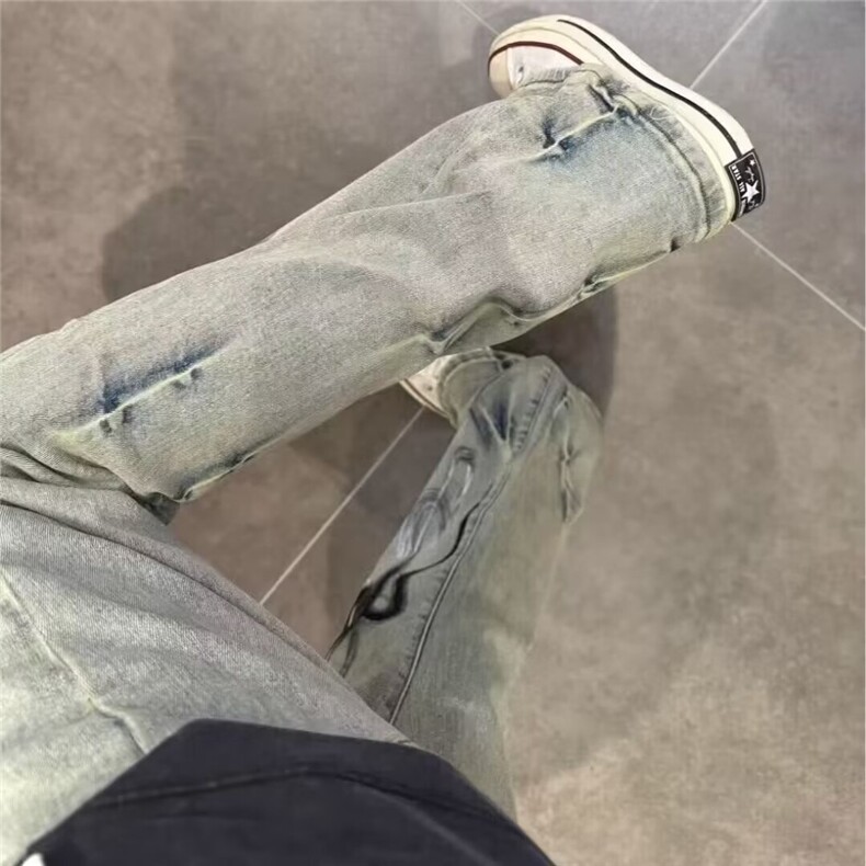 潮牌时尚炸街裤子男款美式高街火焰黄泥直筒牛仔裤夏季薄款微喇裤,男装牛仔裤,星座516A