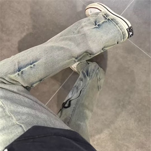 潮牌时尚炸街裤子男款美式高街火焰黄泥直筒牛仔裤夏季薄款微喇裤图片