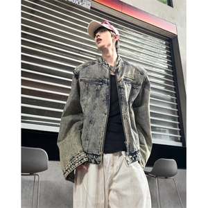 有货。垫肩短款拼接牛仔外套潮牌无领夹克男W6969-P75