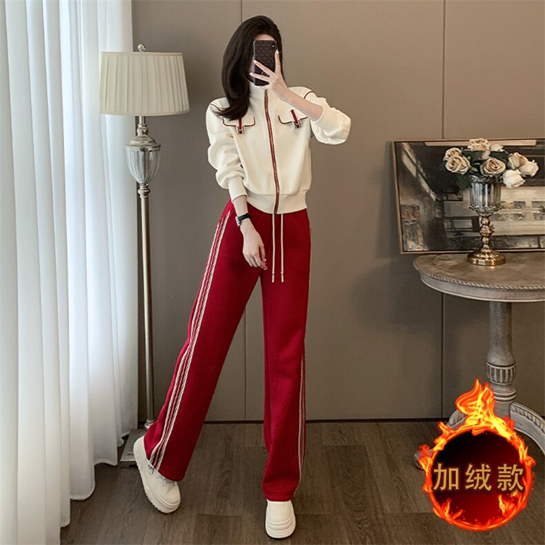 女秋冬新款加绒撞色拉链开衫卫衣两件套,女装套装/套裙,江南