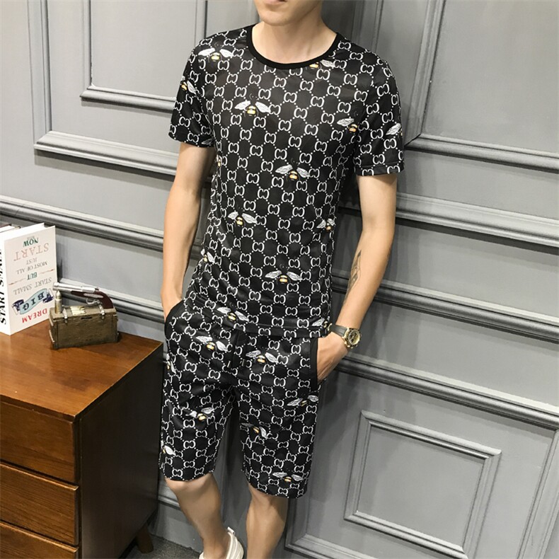 2021夏季新款小蜜蜂T恤短裤男套装大码钱塘3029-9005真模,男装休闲套装,钱塘6006(原3029)