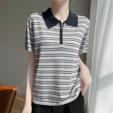 POLO领复古条纹正肩短袖T恤女2025夏季新款宽松休闲薄款小衫上衣，女装T恤，昭美羊绒