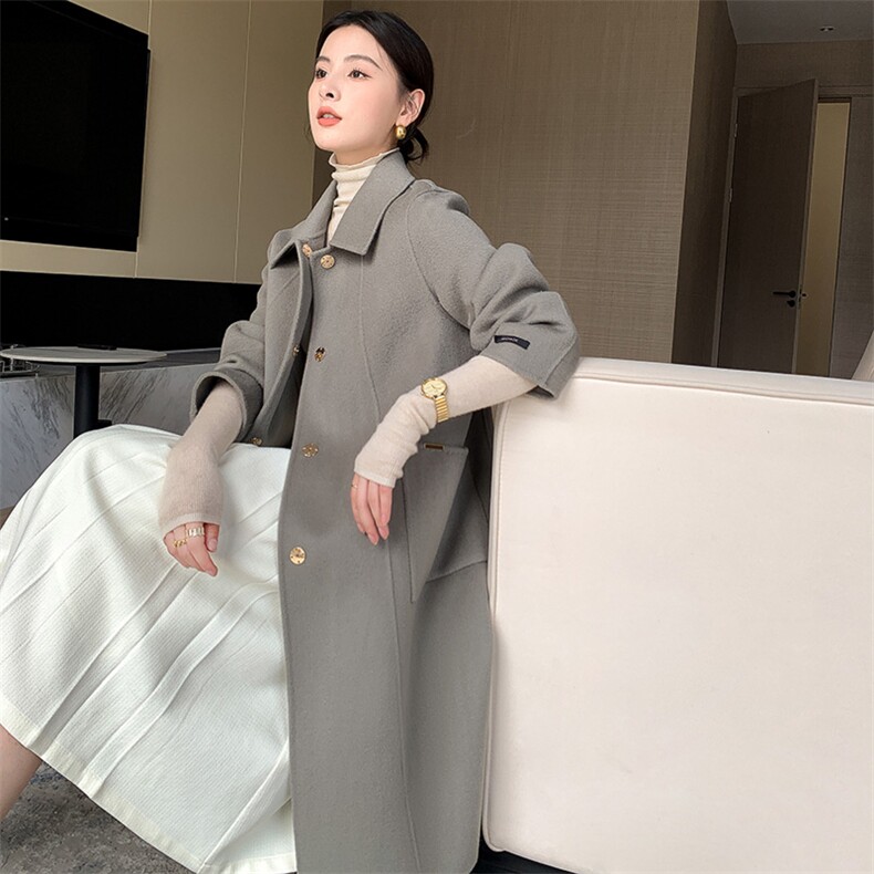 女士羊毛大衣羊毛长款保暖防风秋冬简约，女装双面呢大衣，赛欧妮