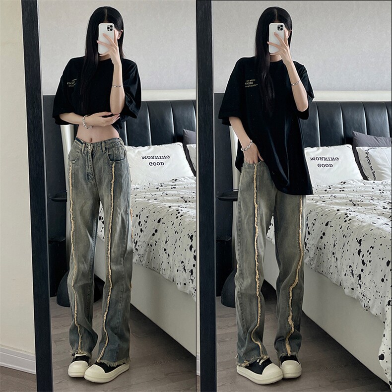 秋季美式ins高街hiphop重工艺水洗毛边牛仔裤货号K712P65图片
