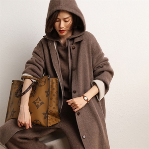 山羊绒纯色中长款气质显瘦单排扣长袖秋冬大衣图片