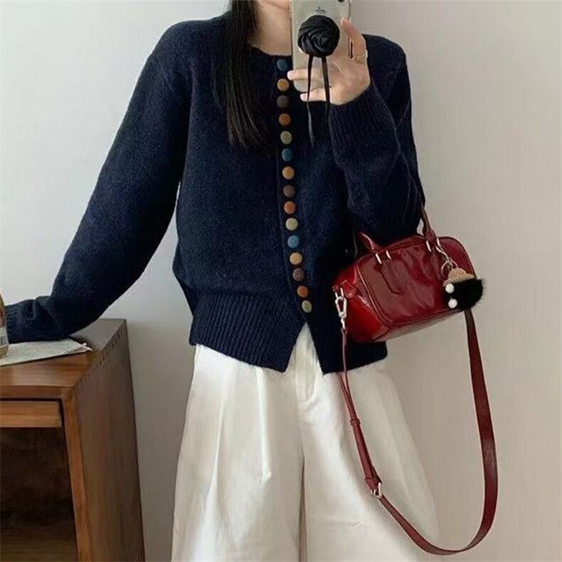 韩系简约彩色纽扣针织开衫女2025秋冬新款宽松短款高级感毛衣上衣,针织衫/毛衣,萱芳婷羊绒