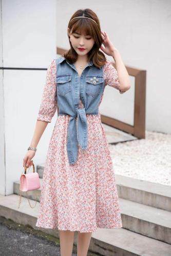【现货】春季新款牛仔碎花连衣裙假两件淑女风，女装连衣裙，笑思源