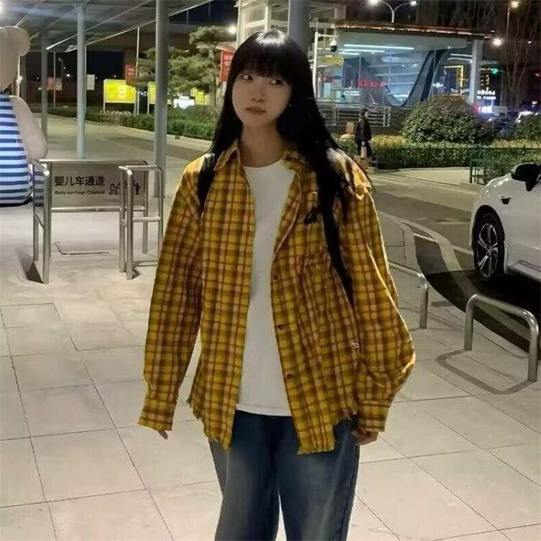 1506/QC030/P35格子长袖衬衫日系港风ins宽松潮流百搭休闲外套,男装衬衫,星座1506