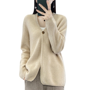 24秋冬新款100%纯羊绒开衫女一粒扣V领宽松百搭长袖羊毛针织外套图片