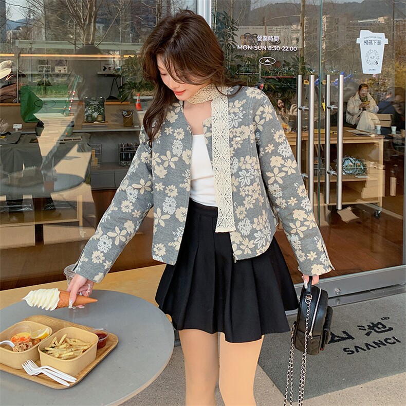 独特别致蕾丝飘带碎花外套女2025春季新款韩系休闲小个子短款上衣,女装短外套,2C098