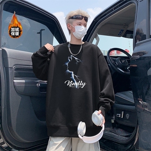新款秋冬季重磅华棉加绒圆领猫咪侧影卫衣男美式猫猫印花卫衣男图片