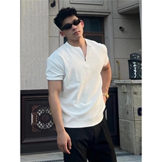 半拉链亨利领黑色收袖口T恤短袖男夏季痞帅高级感半袖P7707，男装T恤，星座1116A（原606A-3）