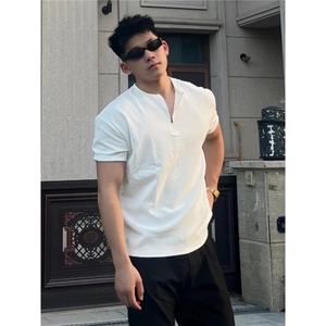 半拉链亨利领黑色收袖口T恤短袖男夏季痞帅高级感半袖 P7707图片