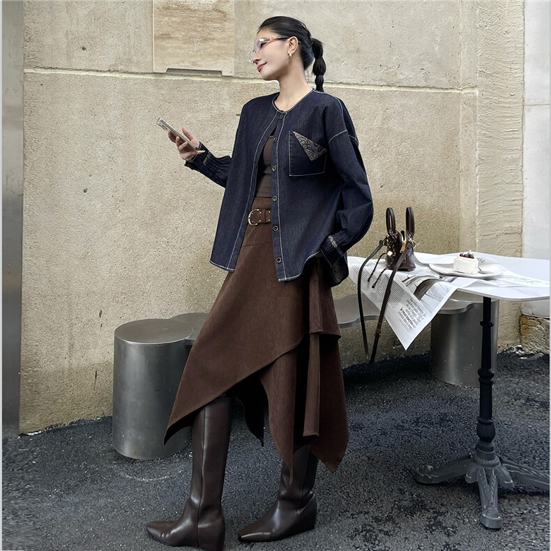 2025秋装新款复古印花宽松牛仔外套，女装牛仔外套，深水步