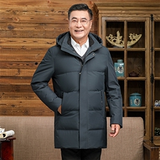 2024年冬季老年休闲男士连帽中长款羽绒服男装加厚保暖白鸭绒外套，男装羽绒服，钱塘6003（原4033）
