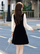 2026春装新款时尚气质圆领长袖丝绒连衣裙，女装连衣裙，天丝秀