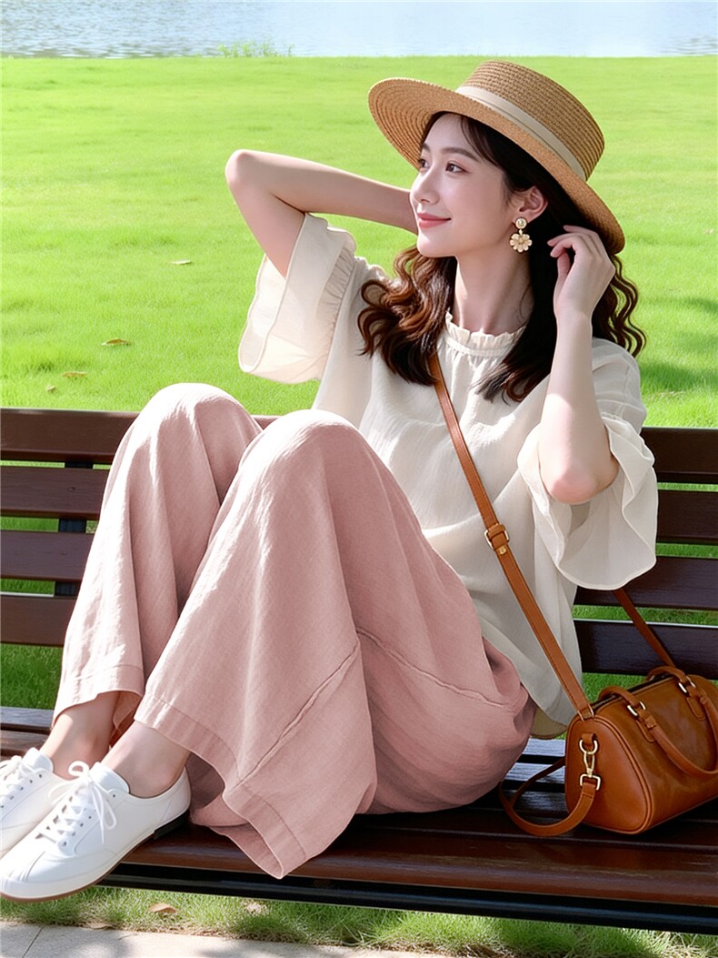 芷墨夏季新款新中式宽松透气两件套显高显瘦通勤上衣阔腿裤套装女,女装套装/套裙,芷墨服饰