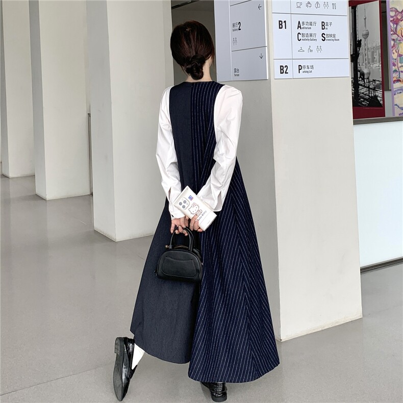 减龄条纹拼接假两件连衣裙女2025春秋季新款韩系宽松显瘦遮肉长裙,女装连衣裙,2C167
