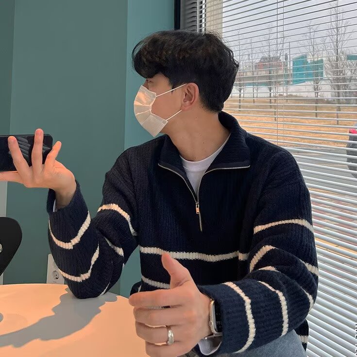 1506/QS500/P60加厚半拉链条纹毛衣男立领秋冬慵懒宽松针织衫男,男装针织衫/毛衣,星座1506