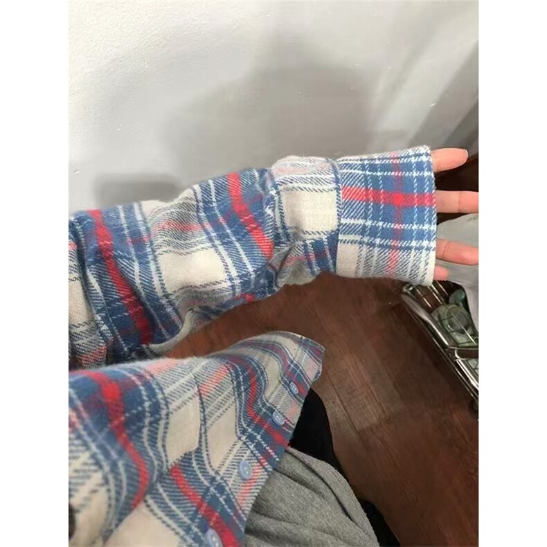 美式复古红蓝撞色条纹格子长袖衬衫ins潮牌春季情侣衬衣外套小众,男装衬衫,星座1210-1