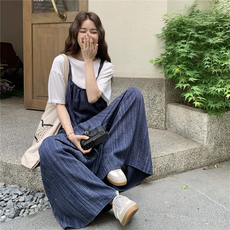 法式复古扎染休闲背带裤女2025夏季新款慵懒风时尚高级感阔腿裤,女装休闲裤,2C120