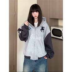 港风秋款男女连帽卫衣撞色刺绣宽松外套W04P55，女装短外套，星座1013-1