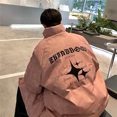 港风PU皮复古做旧可拆卸四芒星胸针设计棉衣男MY77721P128控168，男装棉衣，星座227-7