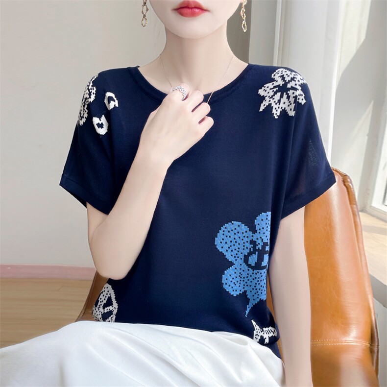 夏季新款简约莱赛尔天丝花朵蓝色短袖女宽松百搭显瘦时尚休闲上衣,女装T恤,暖娇绒包芯纱店