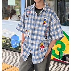 美式复古任务格子刺绣短袖衬衫男女潮夏季宽松百搭情侣衬衣慵懒风，男装T恤，星座601-1