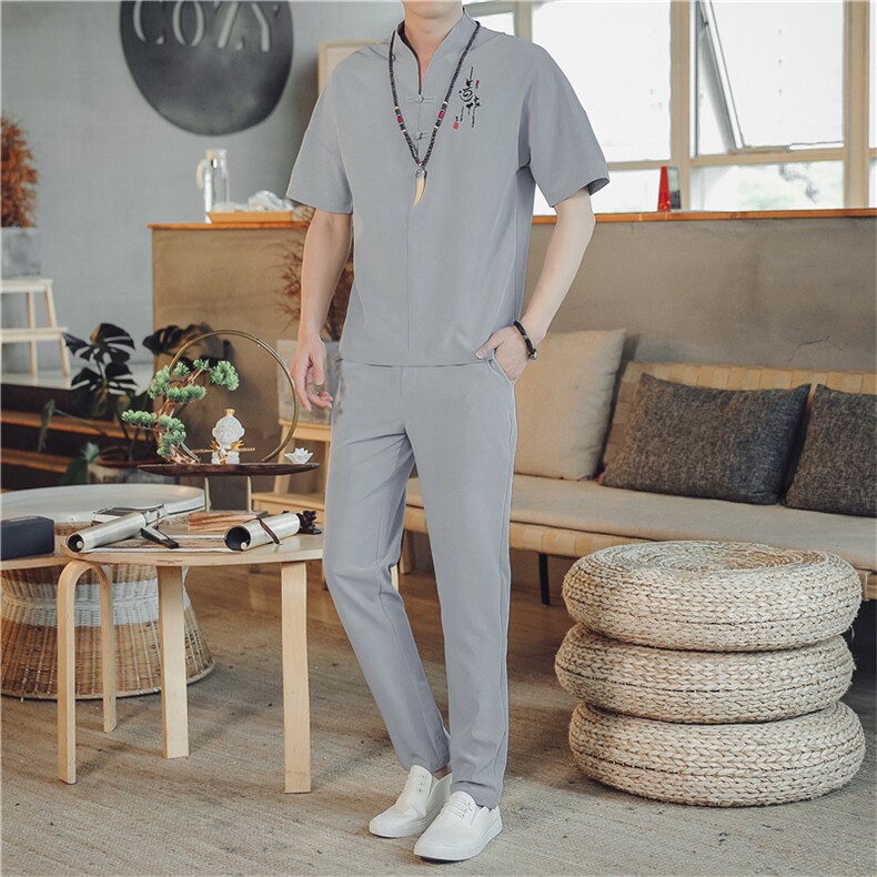 夏季套装男士两件套风复古唐装名族风T恤A334-TZ025-P55，男装民族服装，电商B339(原A334）