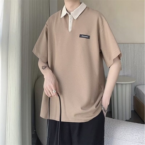 Polo衫短袖男夏季半拉链宽松半袖潮牌痞帅高级感翻领t恤图片
