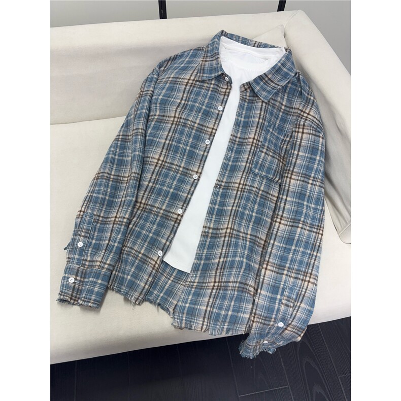 B221！美式ins高街暗黑小众毛边格子衬衫SY2320-P65控88,男装衬衫,电商B221