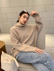 高级感气质灰色堆堆领毛衣女冬季复古高领套头宽松针织上衣，女装针织衫/毛衣，半城羊绒